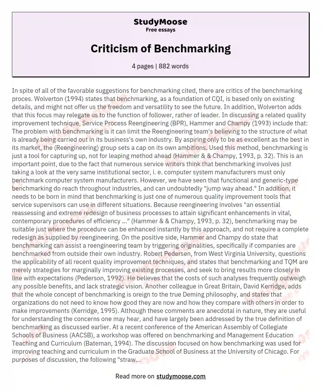 Criticism of Benchmarking essay