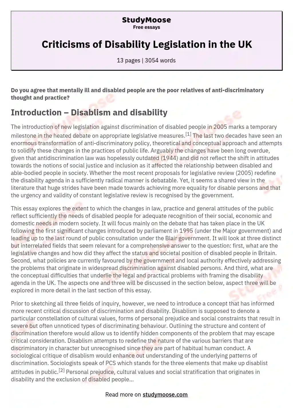 Criticisms of Disability Legislation in the UK essay