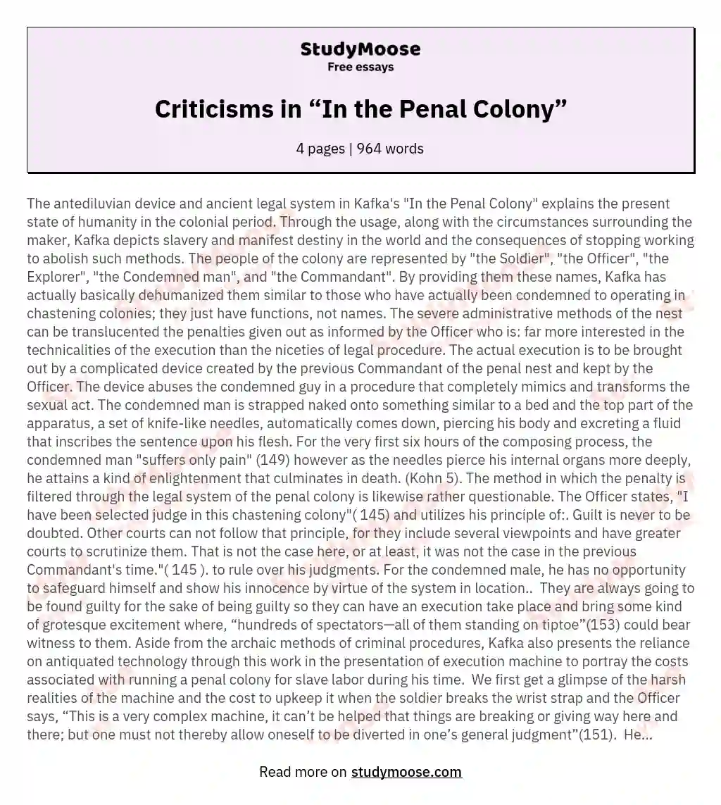 Criticisms in “In the Penal Colony” essay