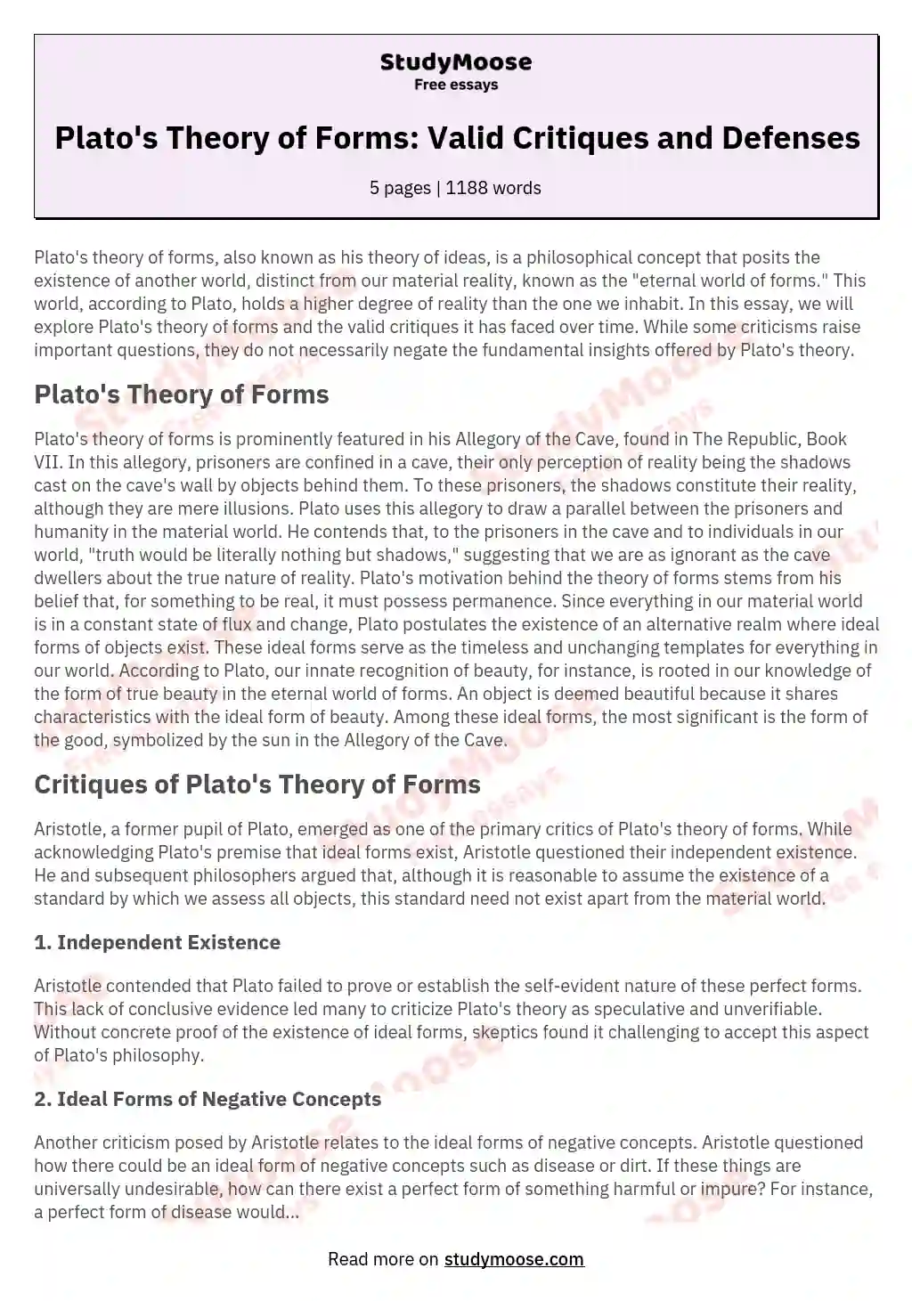 Plato's Theory of Forms: Valid Critiques and Defenses essay