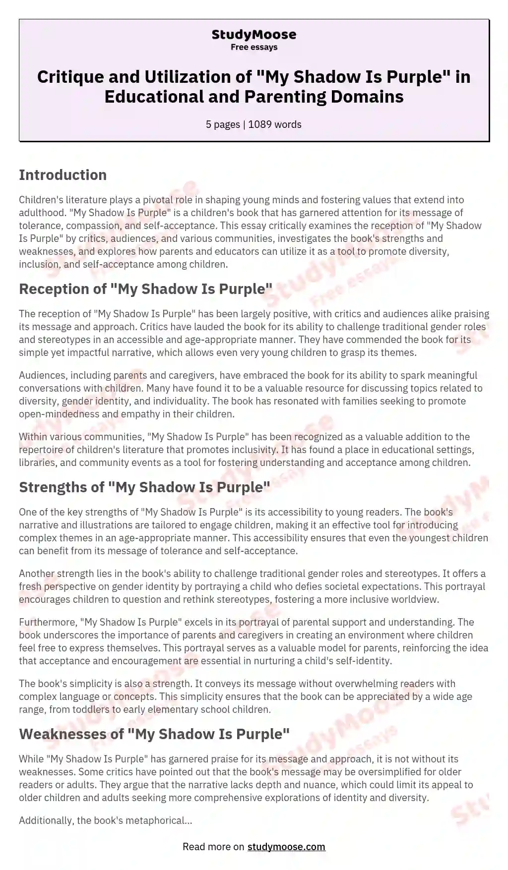 Critique and Utilization of "My Shadow Is Purple" in Educational and Parenting Domains essay
