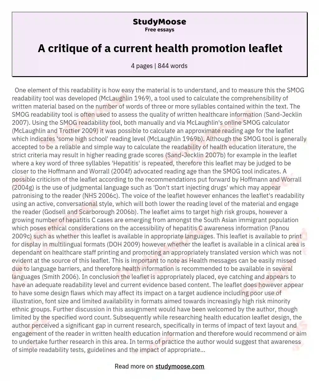 A critique of a current health promotion leaflet essay