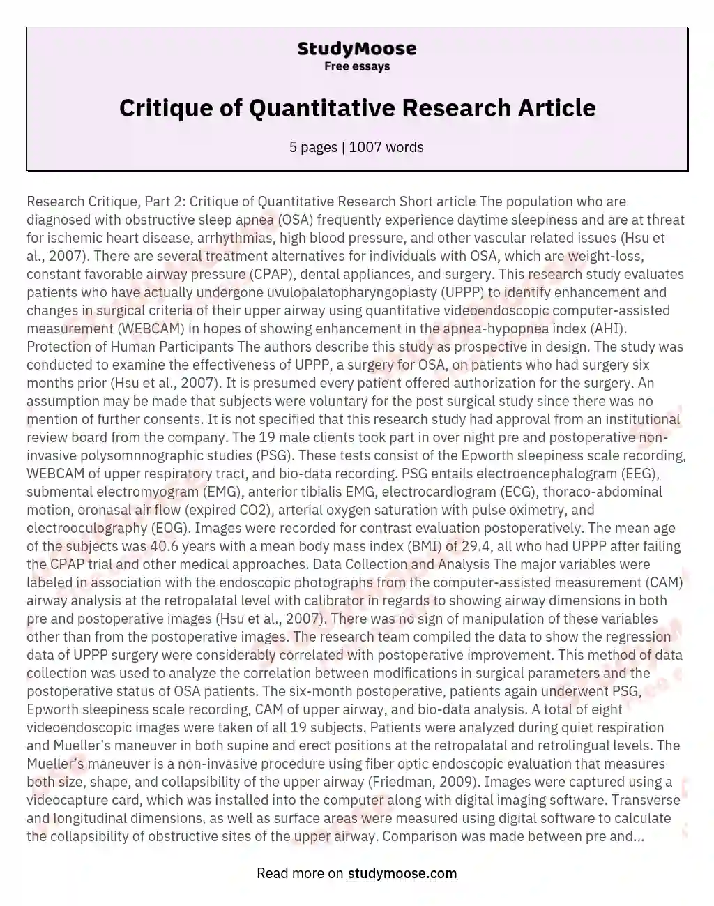 Critique Of Quantitative Research Article Free Essay Example