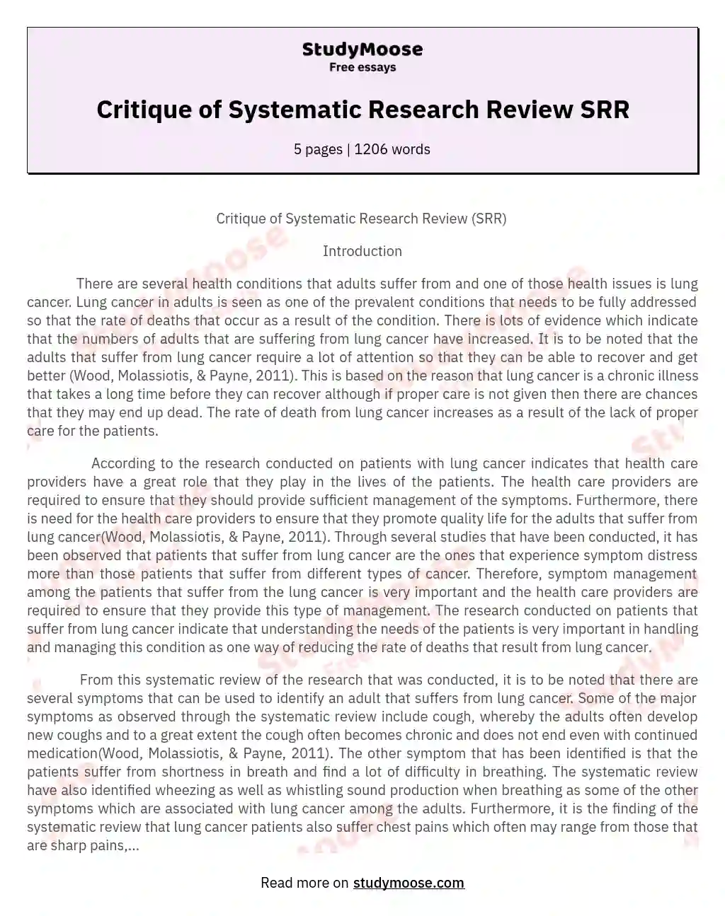 Critique of Systematic Research Review SRR essay