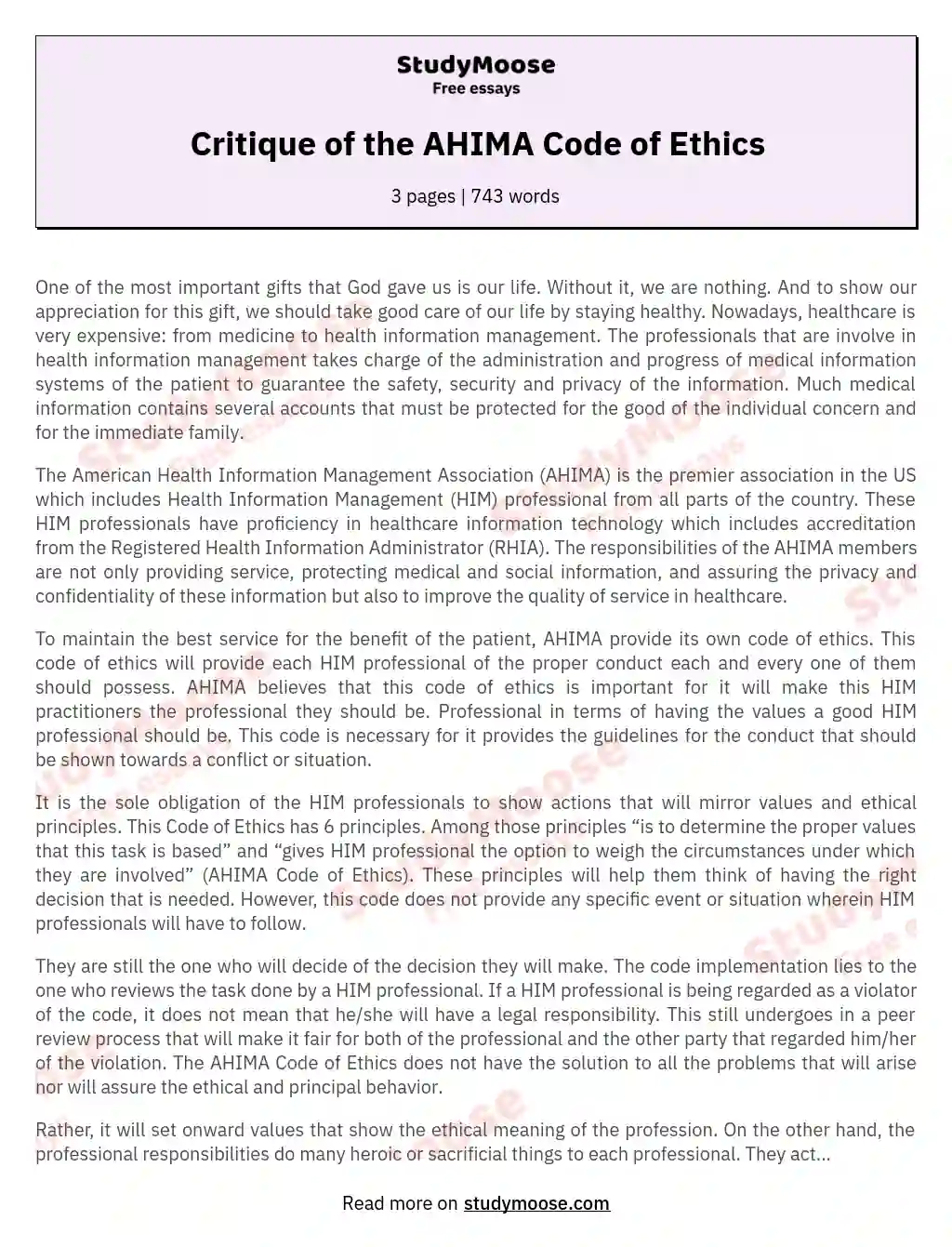 Critique of the AHIMA Code of Ethics essay