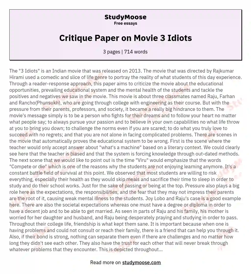 Critique Paper on Movie 3 Idiots