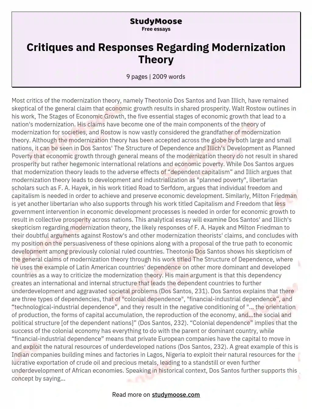 Critiques and Responses Regarding Modernization Theory essay