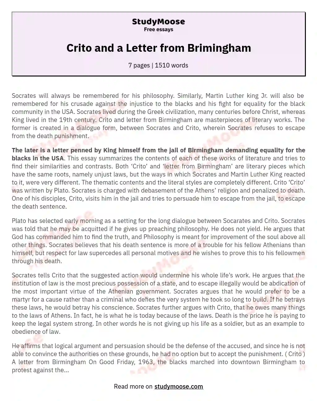 Crito and a Letter from Brimingham essay