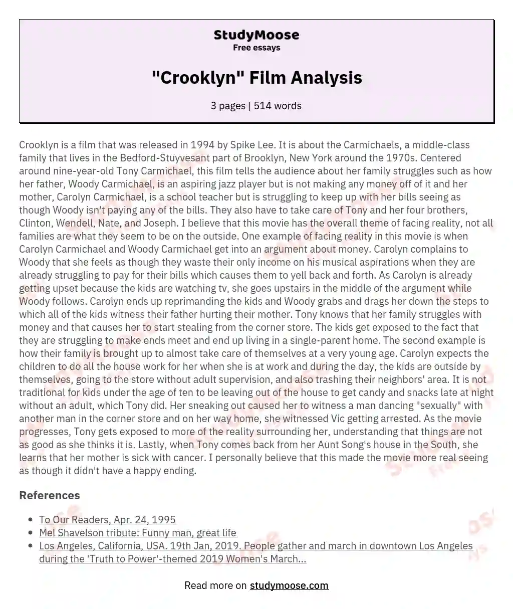 "Crooklyn" Film Analysis essay