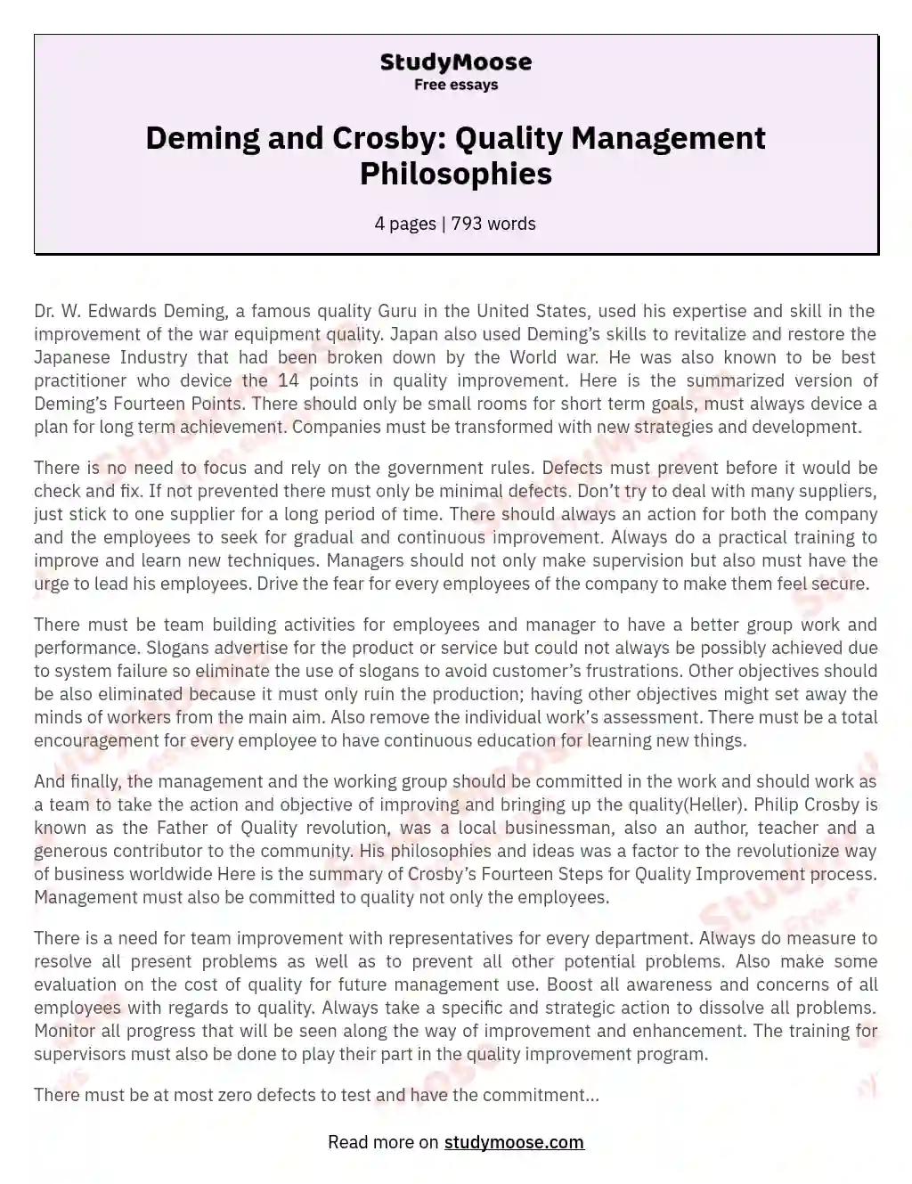 Deming and Crosby: Quality Management Philosophies essay