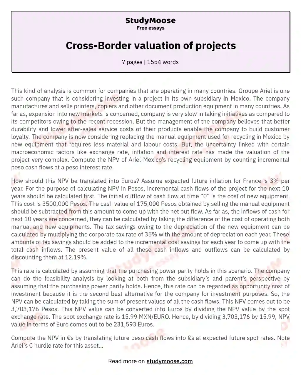 Cross-Border valuation of projects