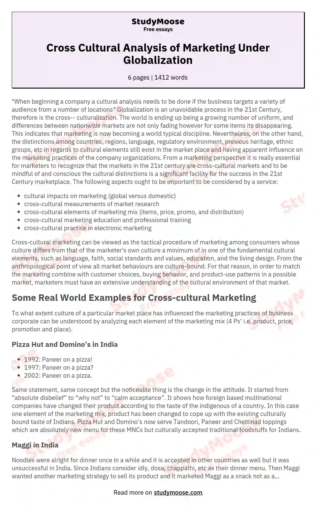 Cross Cultural Analysis of Marketing Under Globalization essay