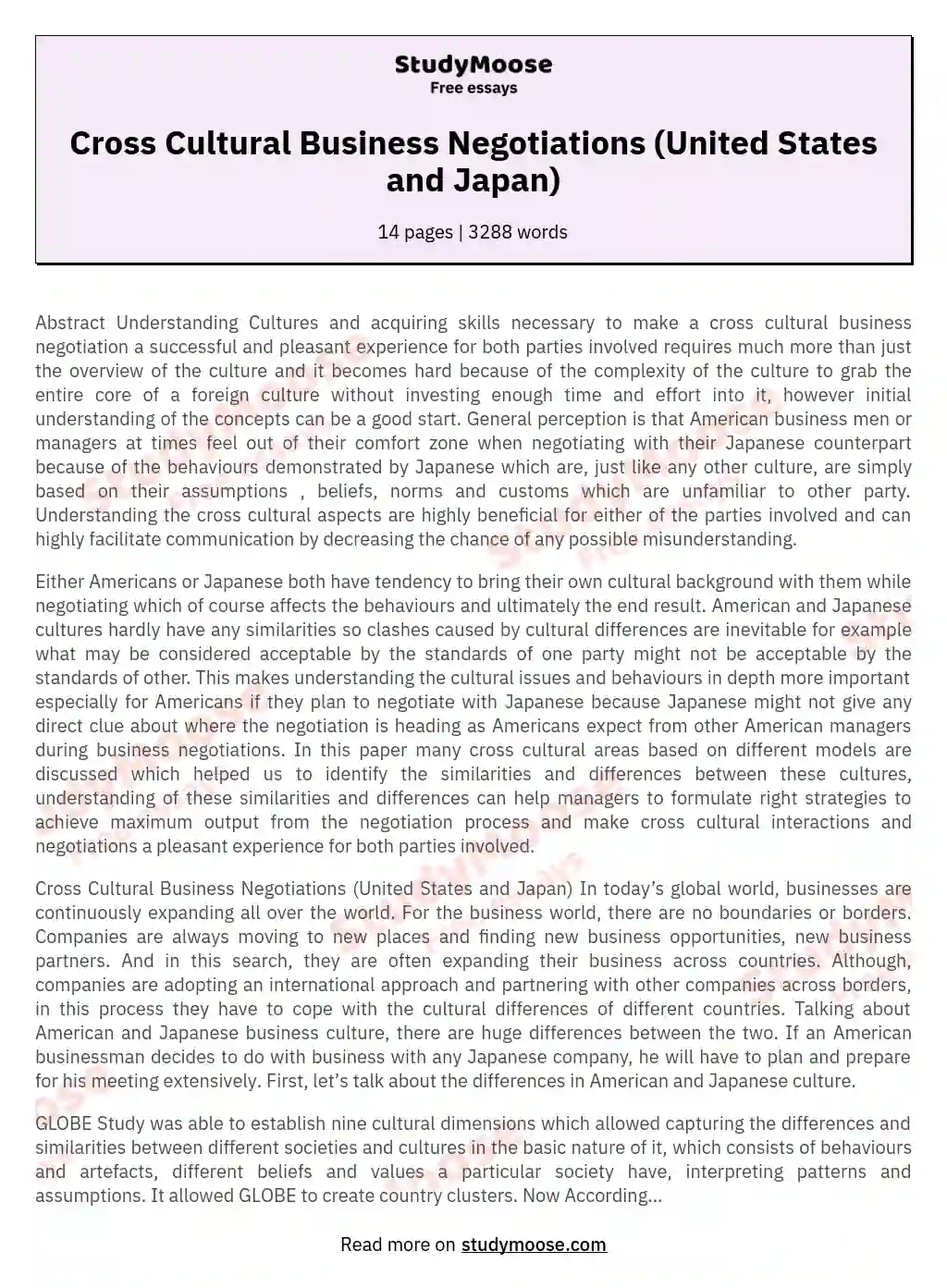 Cross Cultural Business Negotiations (United States and Japan)