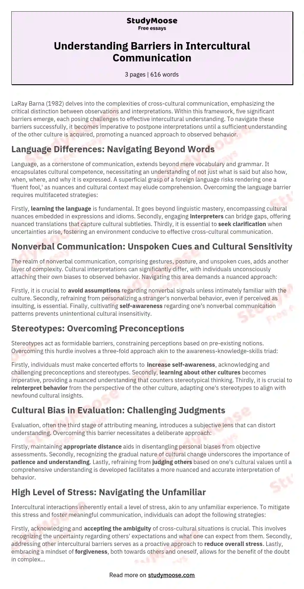 Understanding Barriers in Intercultural Communication essay