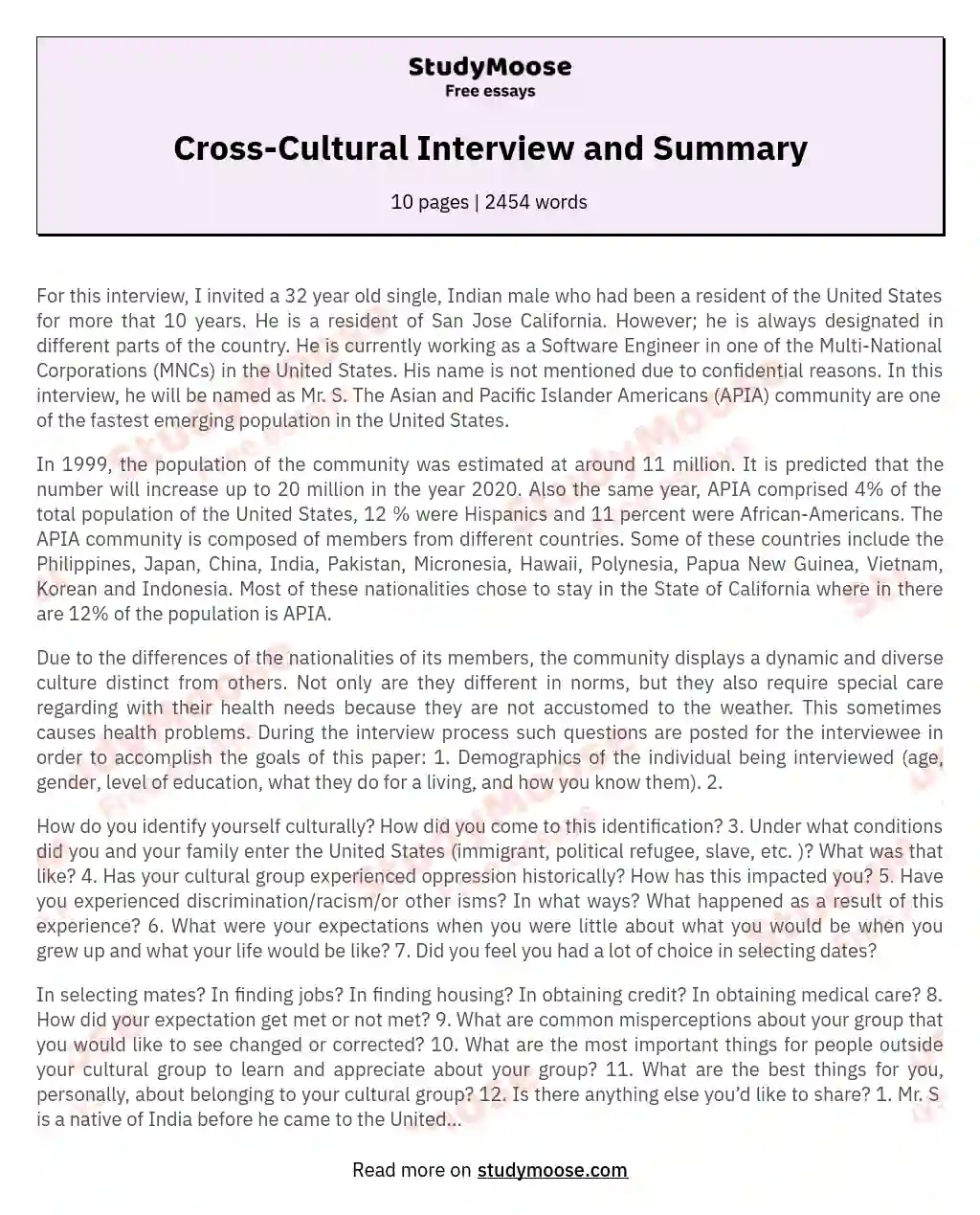 Cross-Cultural Interview and Summary essay