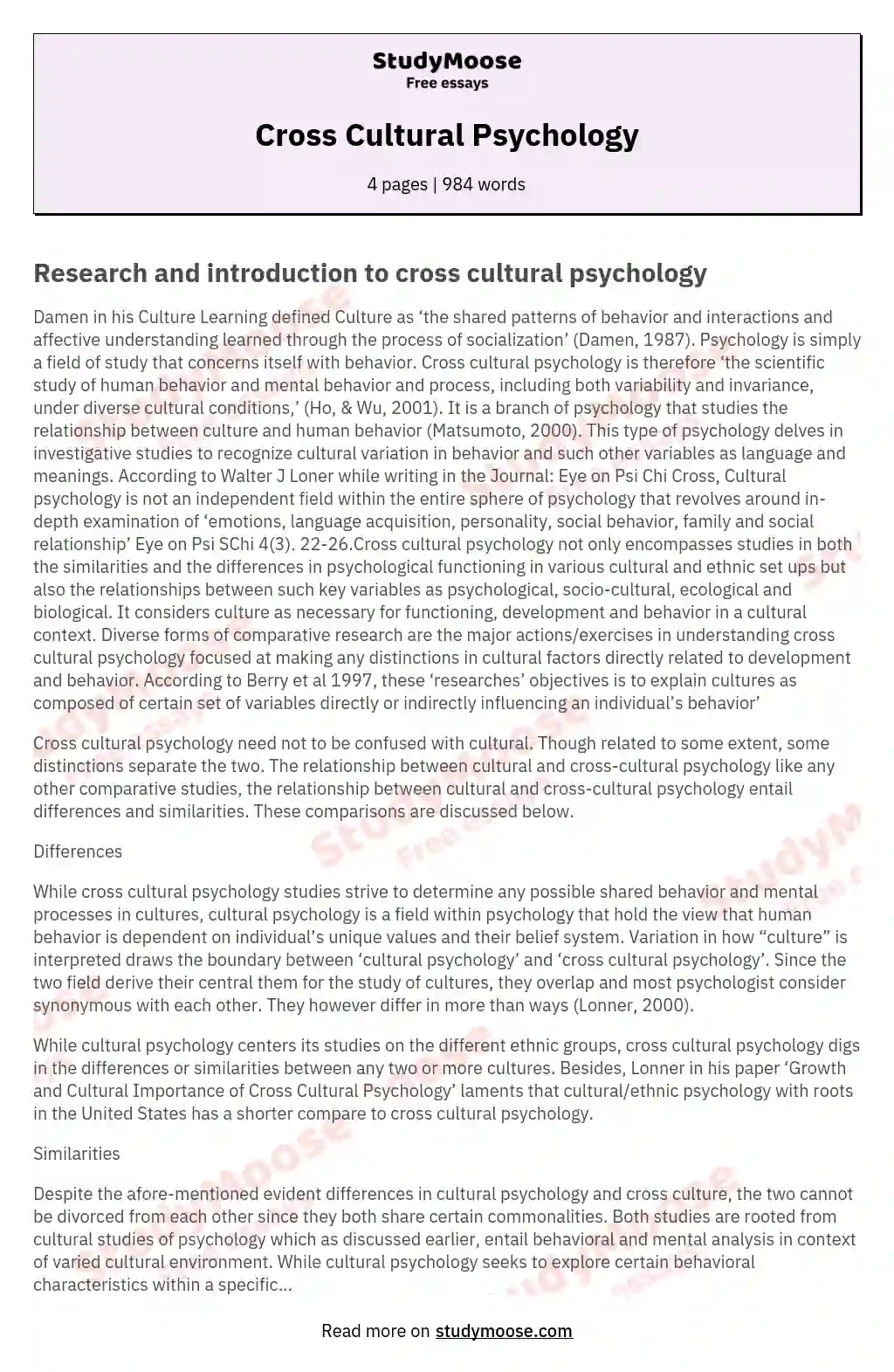 Cross Cultural Psychology essay