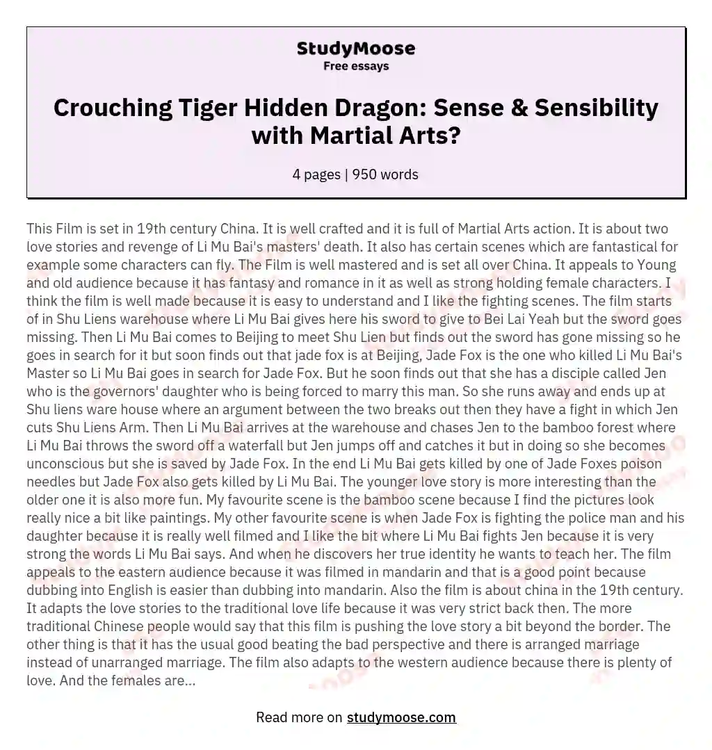 Crouching Tiger Hidden Dragon: Sense & Sensibility with Martial Arts? essay