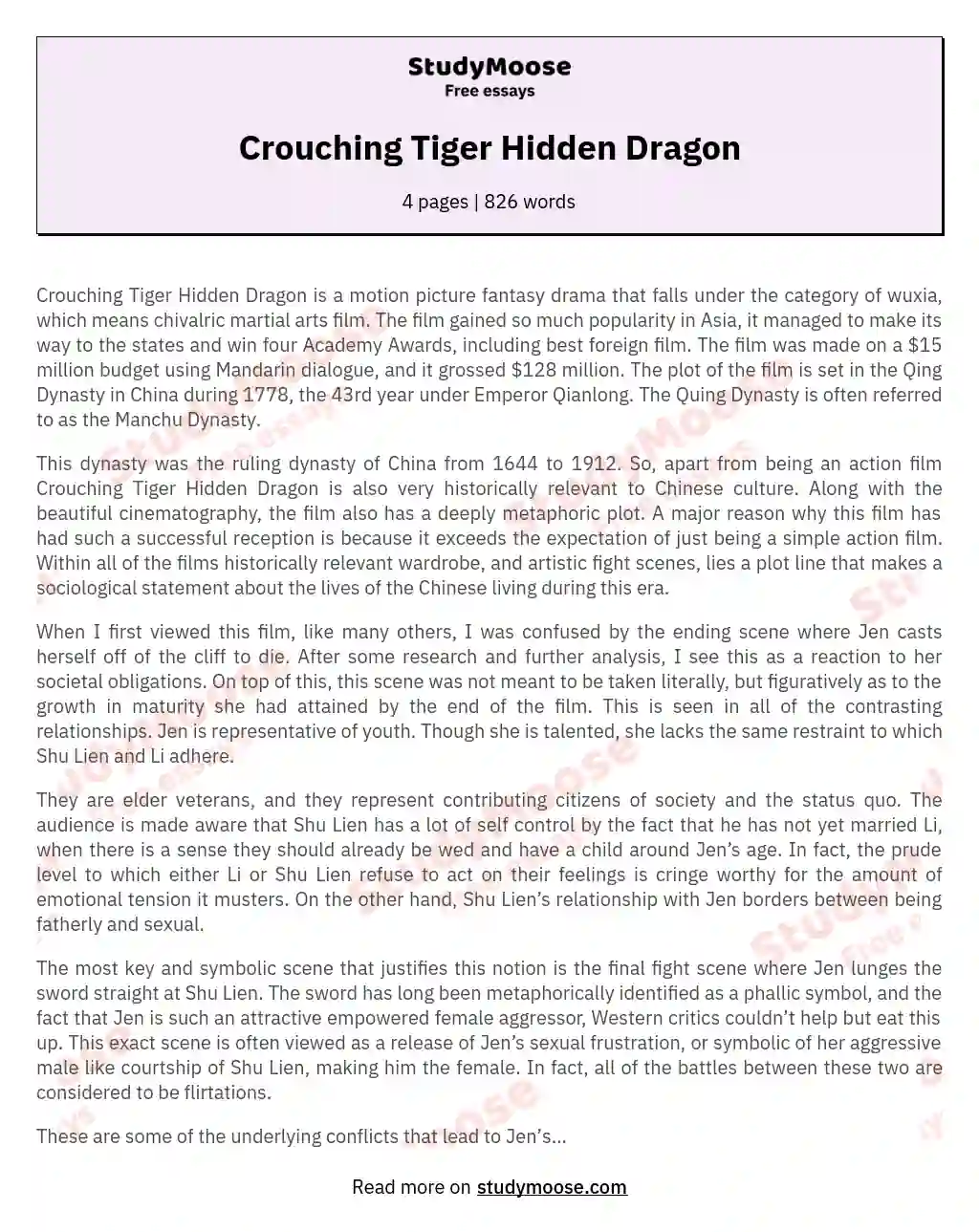 Crouching Tiger Hidden Dragon essay
