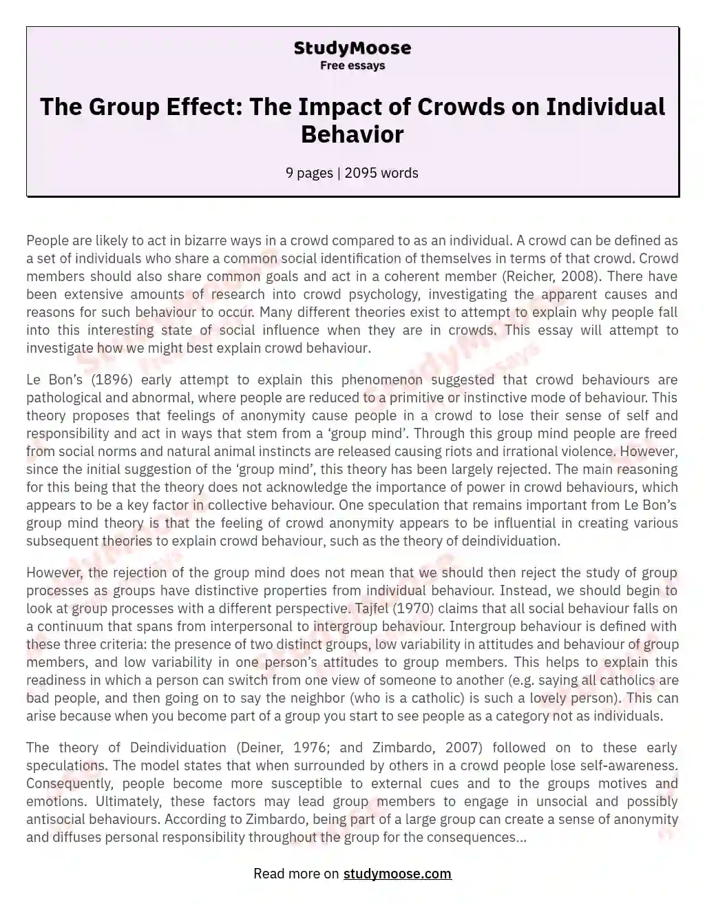 The Group Effect: The Impact of Crowds on Individual Behavior essay