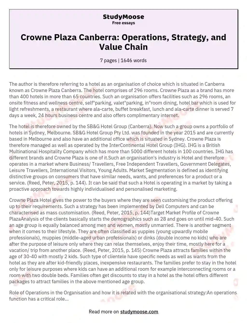 Crowne Plaza Canberra: Operations, Strategy, and Value Chain essay