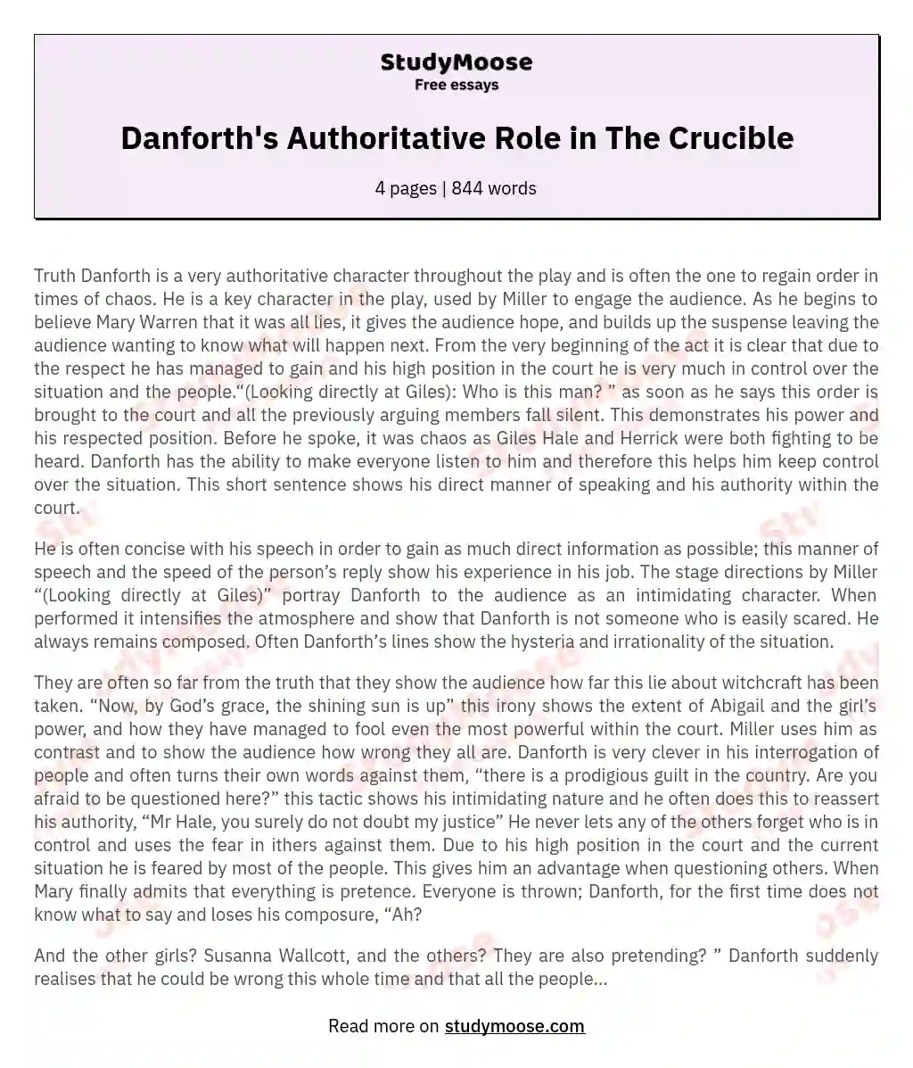 Danforth's Authoritative Role in The Crucible essay