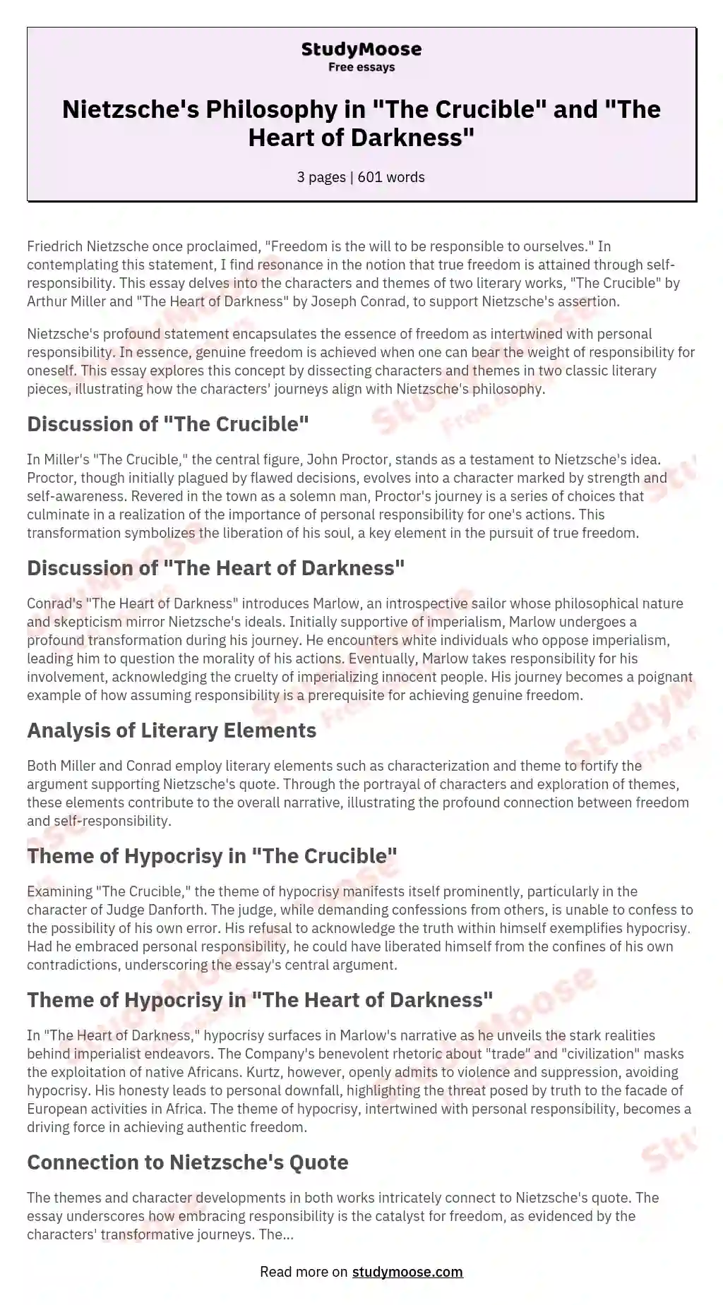Nietzsche's Philosophy in "The Crucible" and "The Heart of Darkness" essay