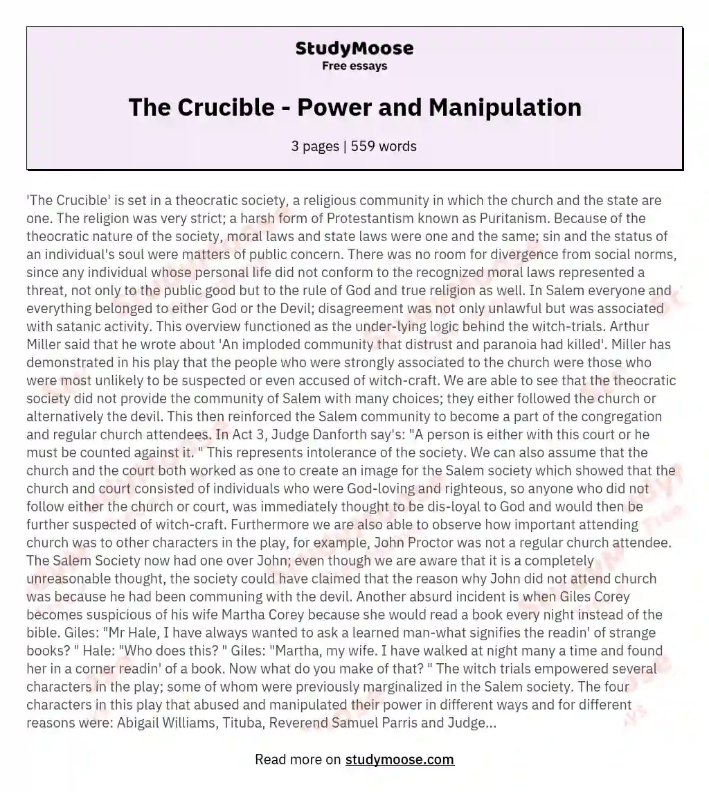 The Crucible - Power and Manipulation essay