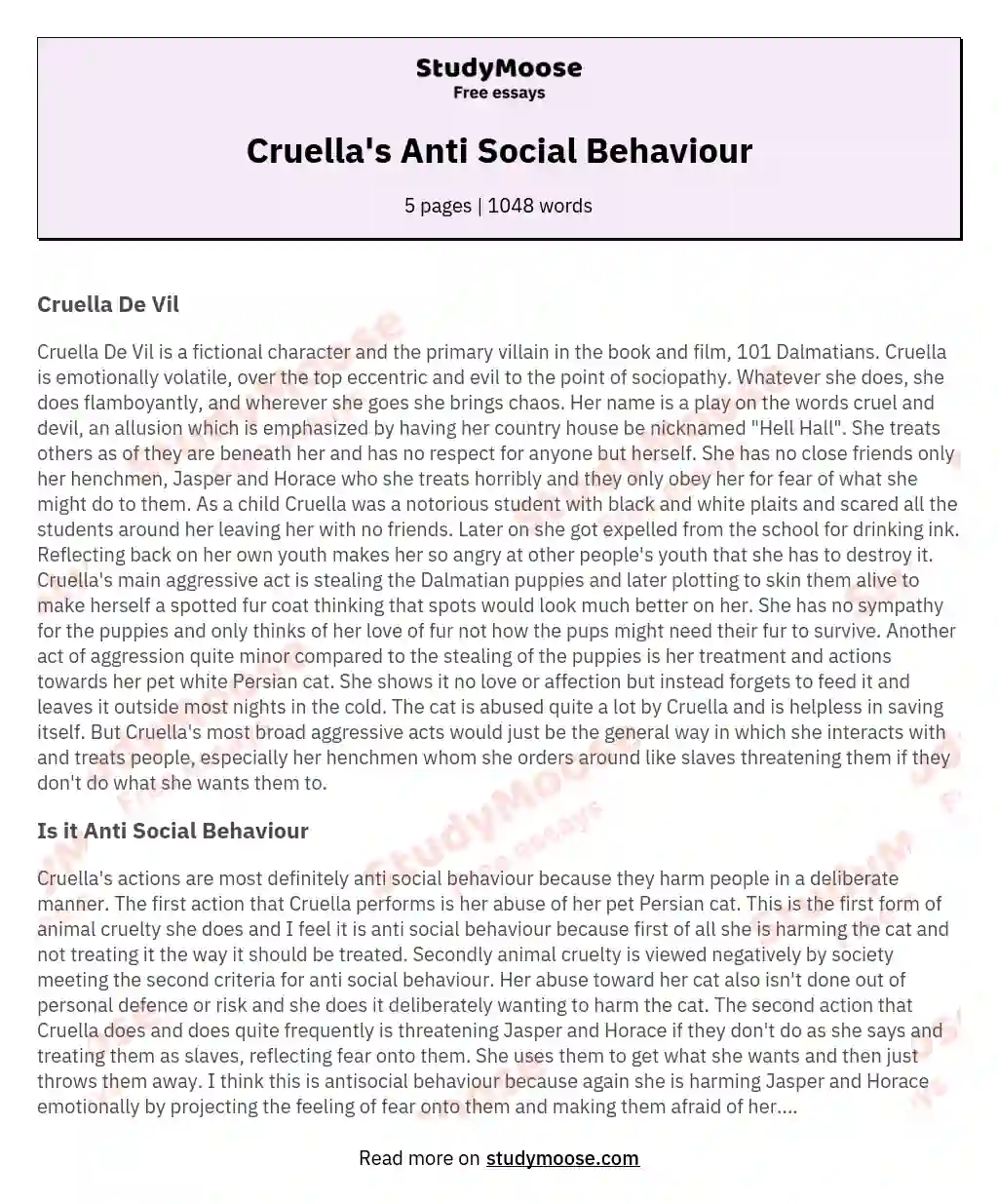 Cruella's Anti Social Behaviour essay