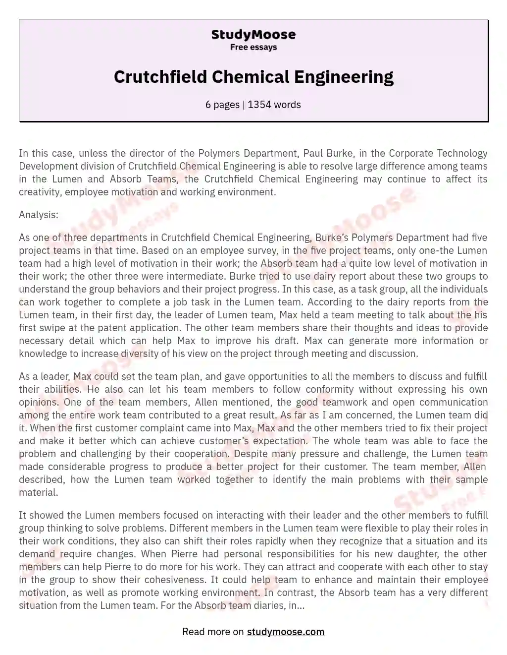 Crutchfield Chemical Engineering essay
