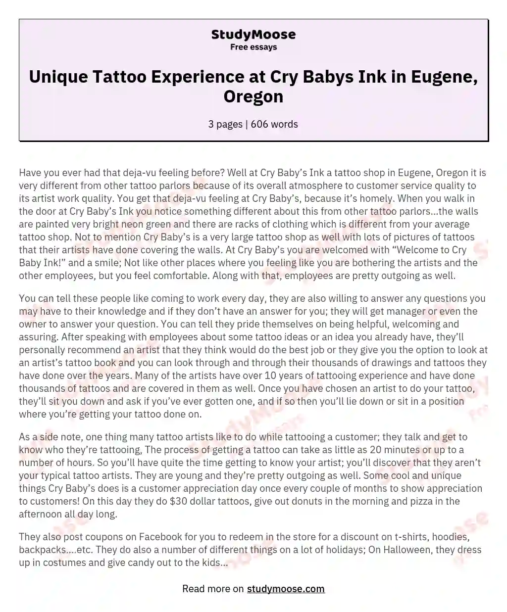 Unique Tattoo Experience at Cry Babys Ink in Eugene, Oregon essay