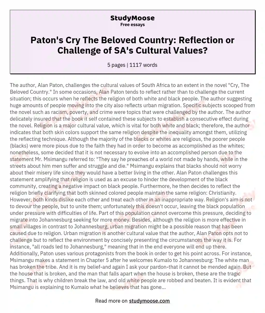 In "Cry, The Beloved Country," does Alan Paton reflect or challenge the cultural values of South Africa?