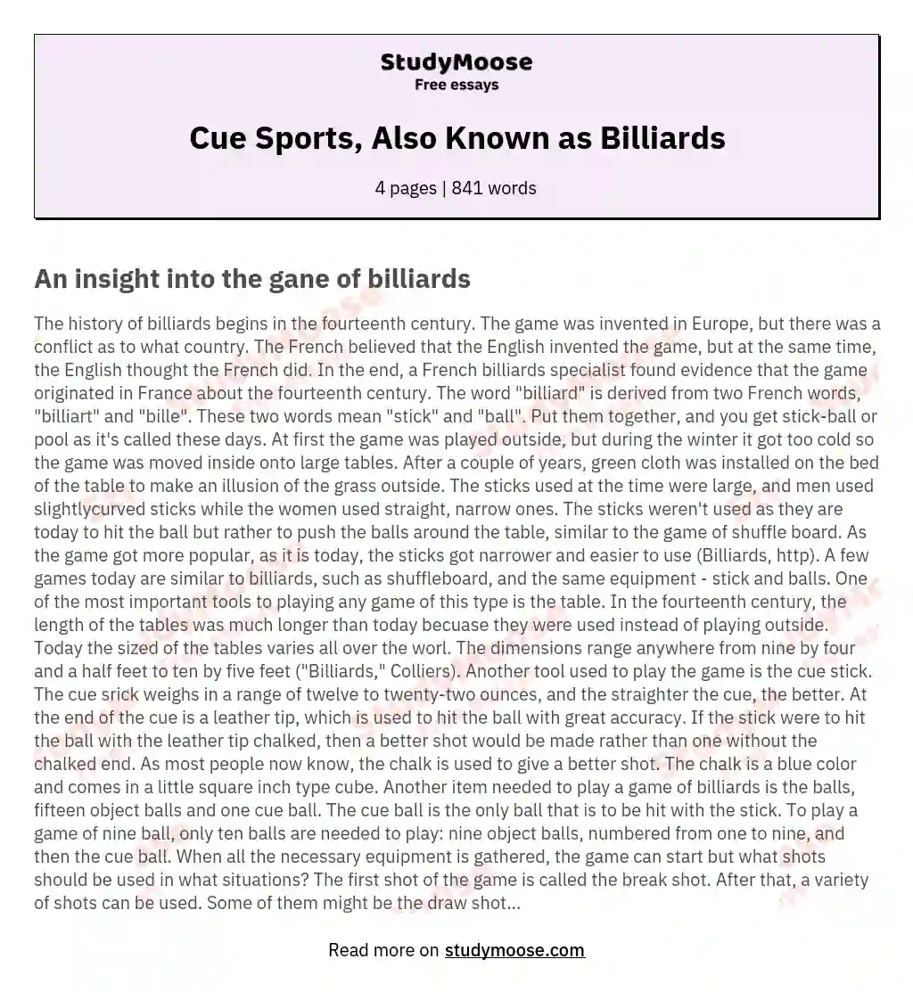 Cue Sports, Also Known as Billiards essay