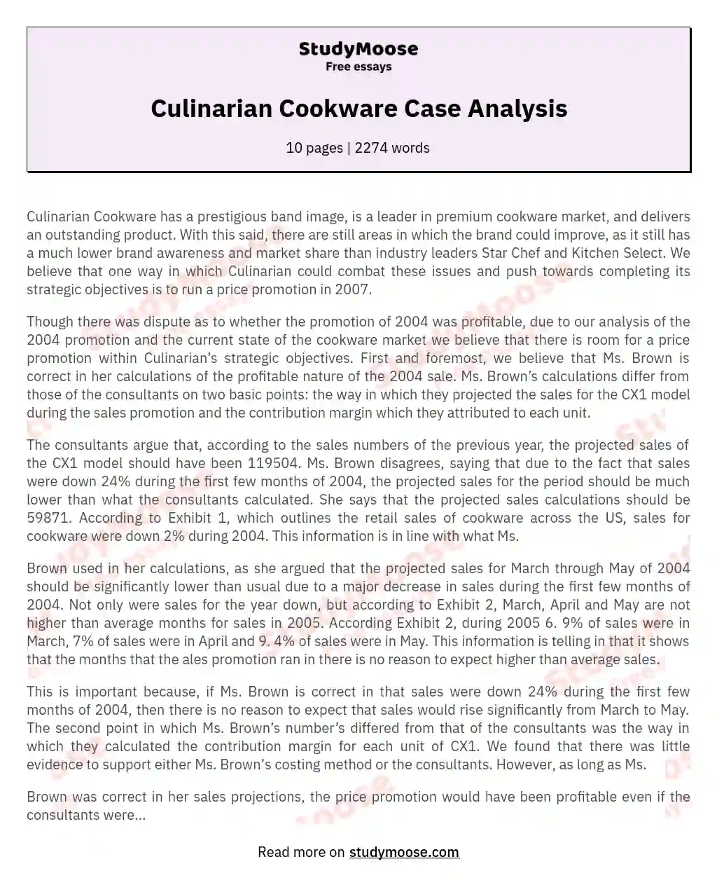 Culinarian Cookware Case Analysis essay