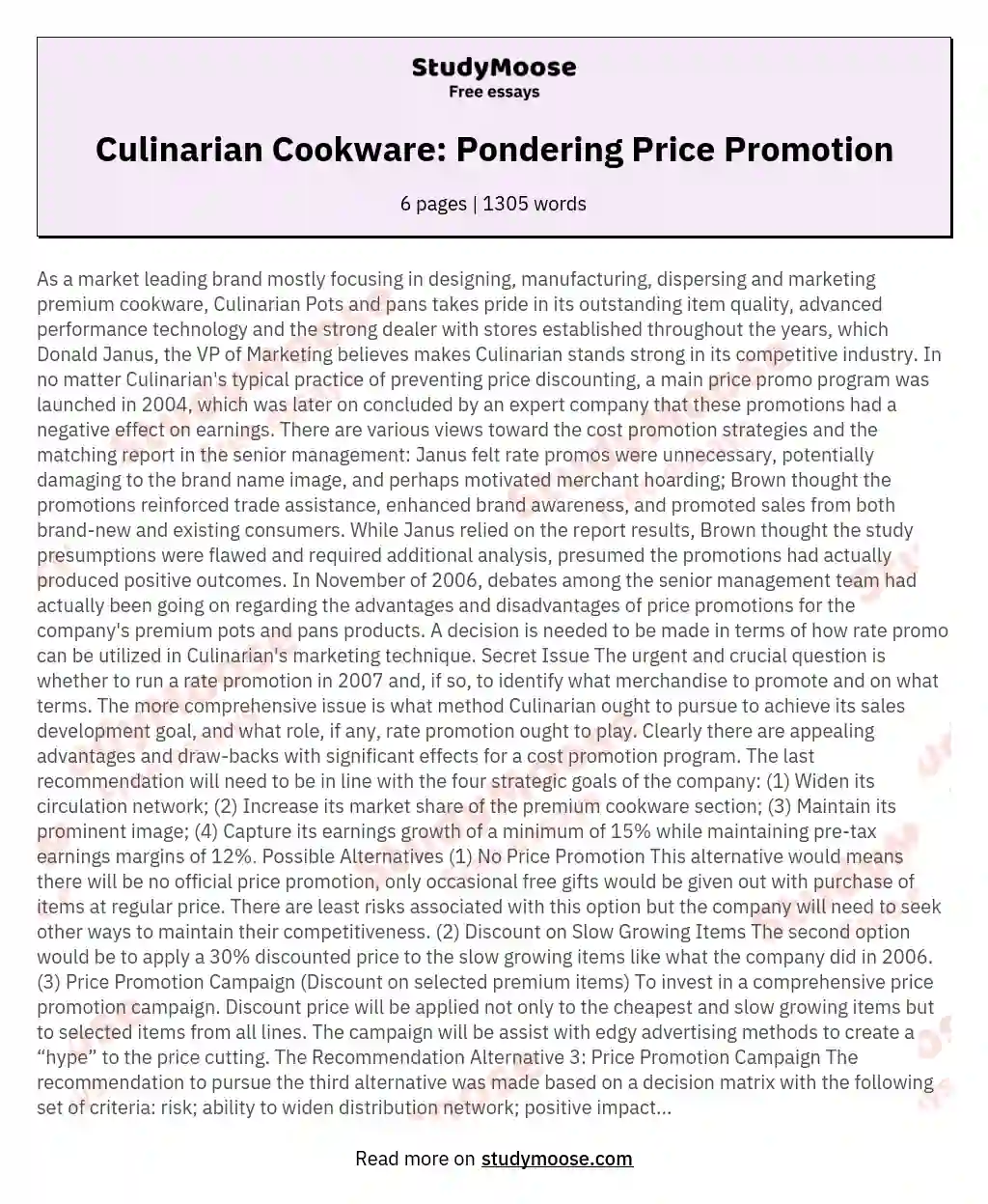 Culinarian Cookware: Pondering Price Promotion