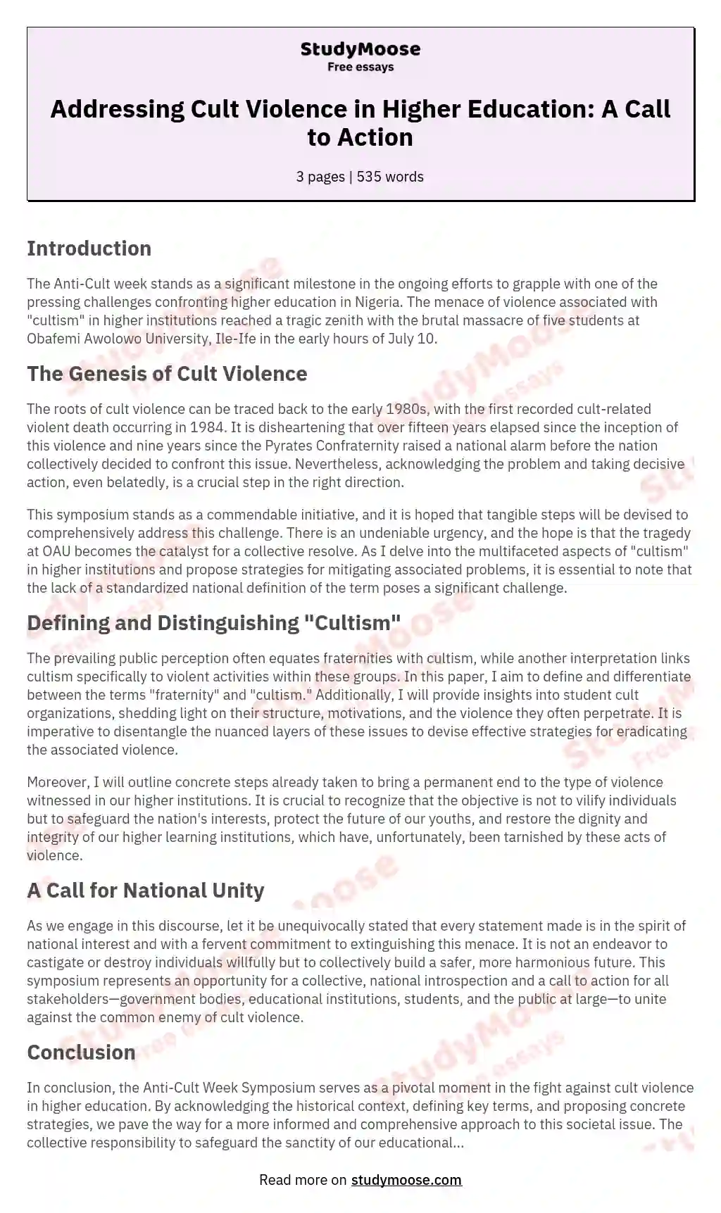 Addressing Cult Violence in Higher Education: A Call to Action essay