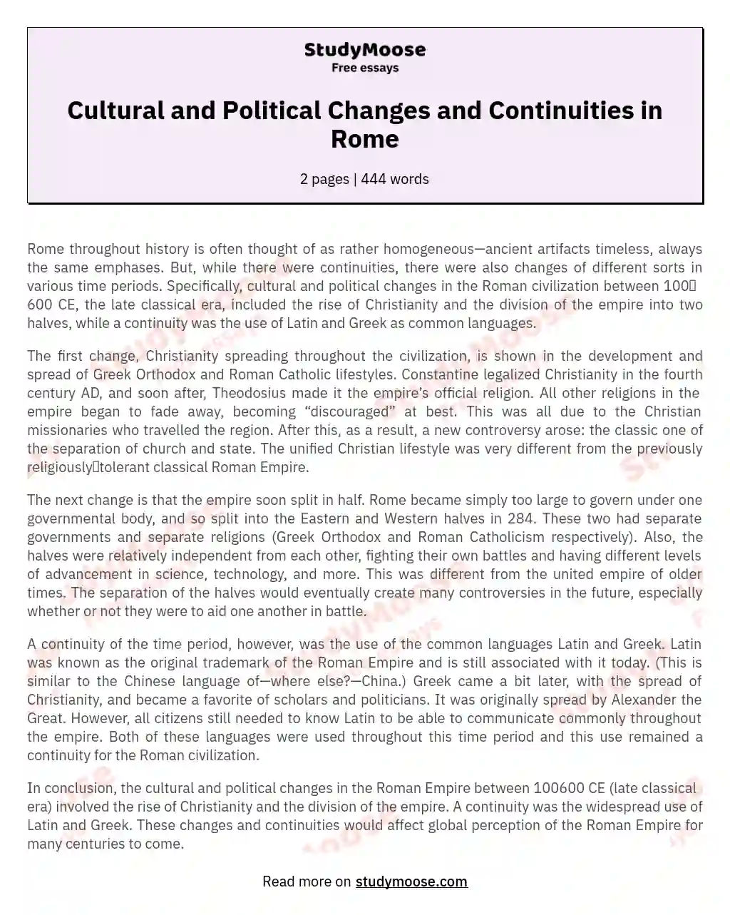 Cultural and Political Changes and Continuities in Rome essay