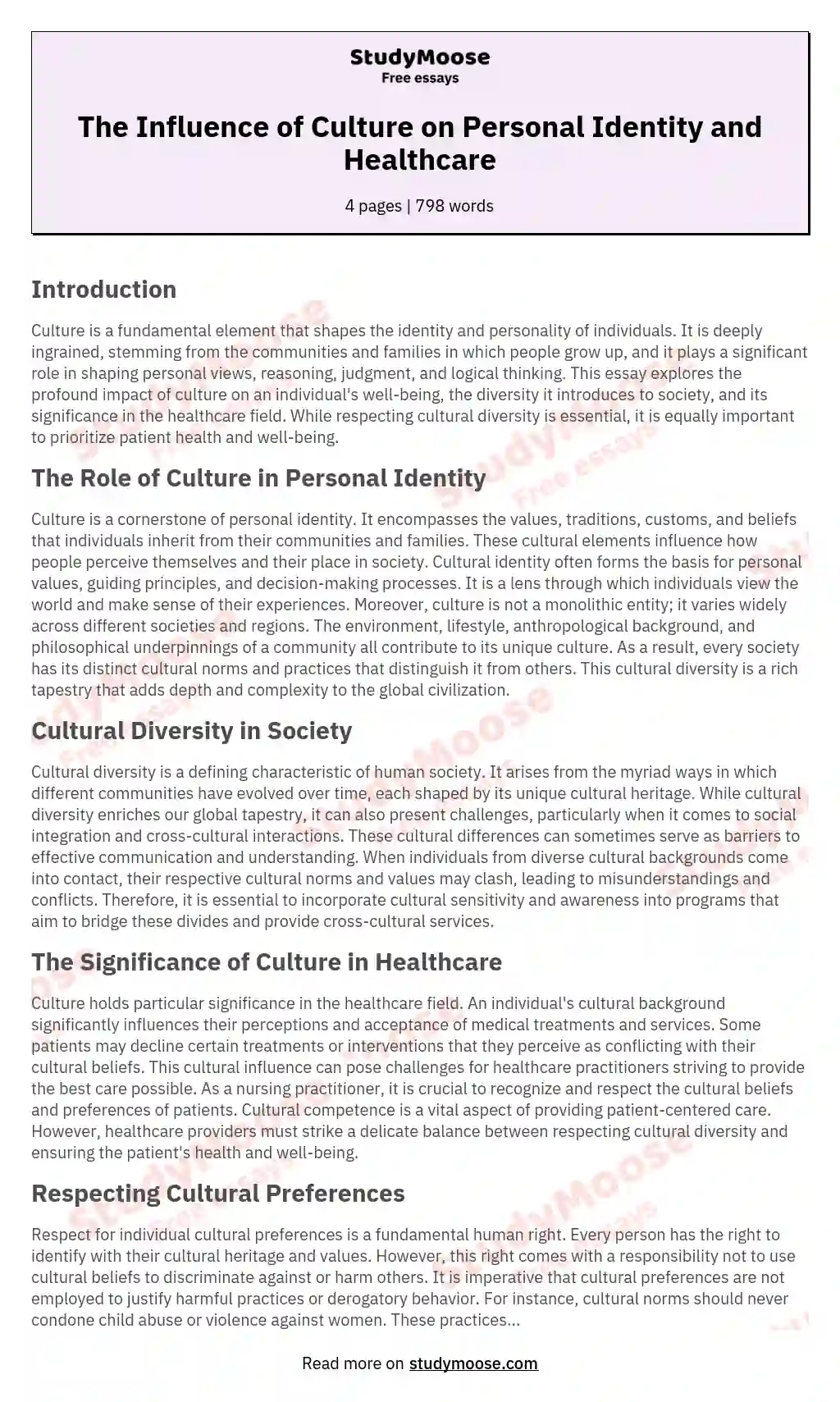 The Influence of Culture on Personal Identity and Healthcare essay