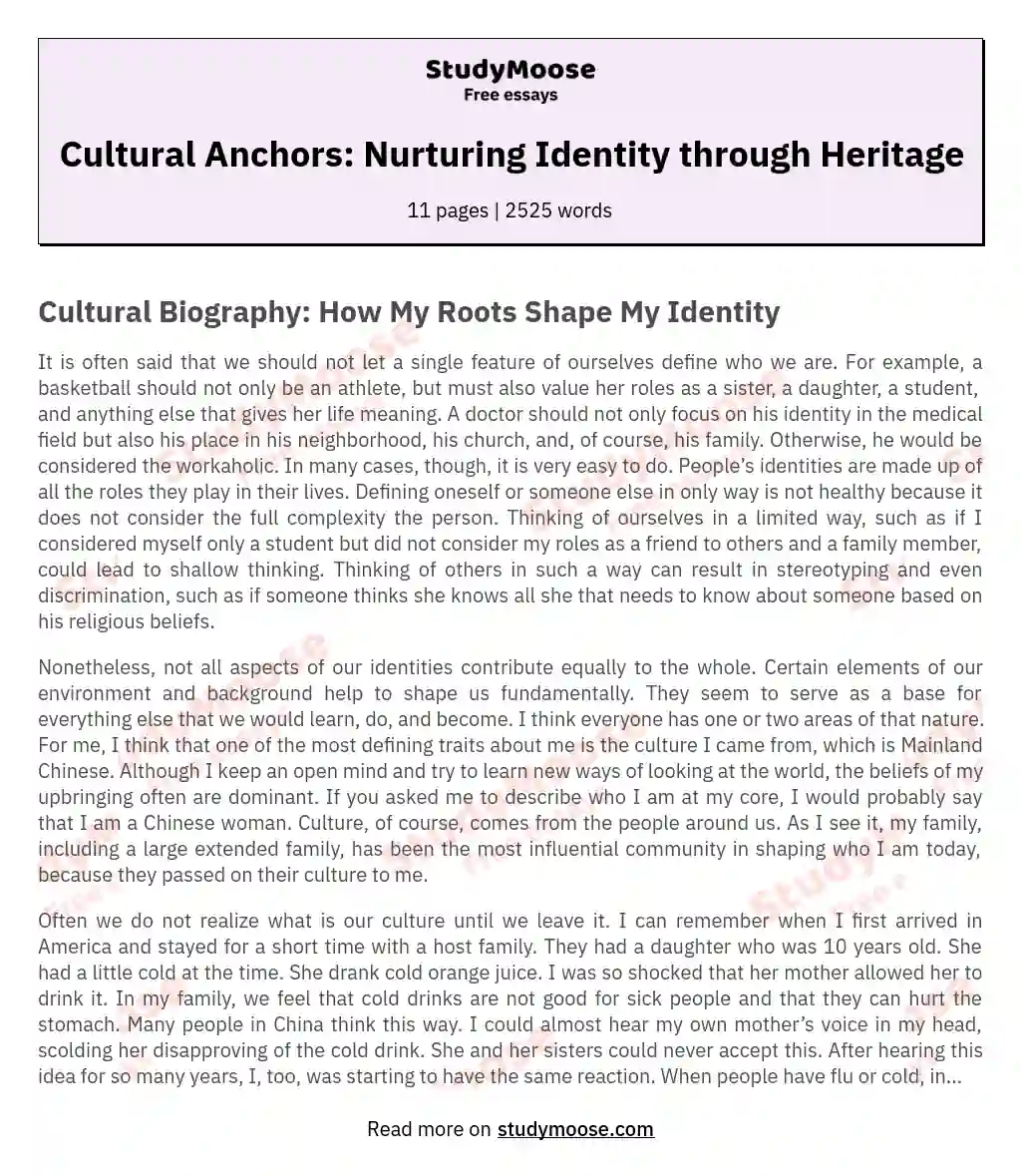 Cultural Anchors: Nurturing Identity through Heritage essay