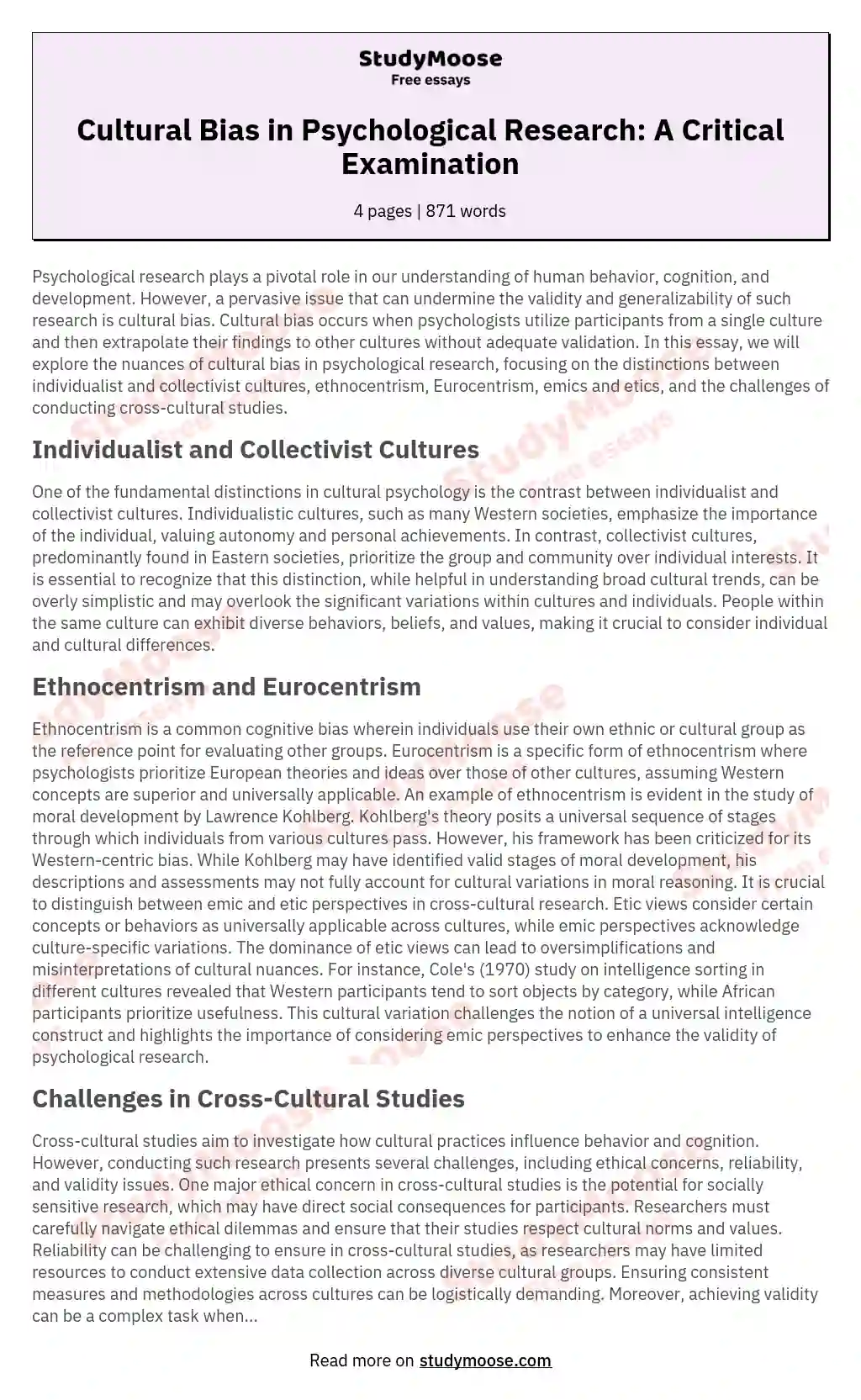 Cultural Bias in Psychological Research: A Critical Examination essay