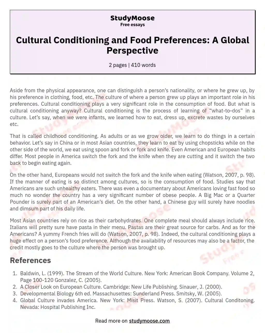 Cultural Conditioning and Food Preferences: A Global Perspective essay