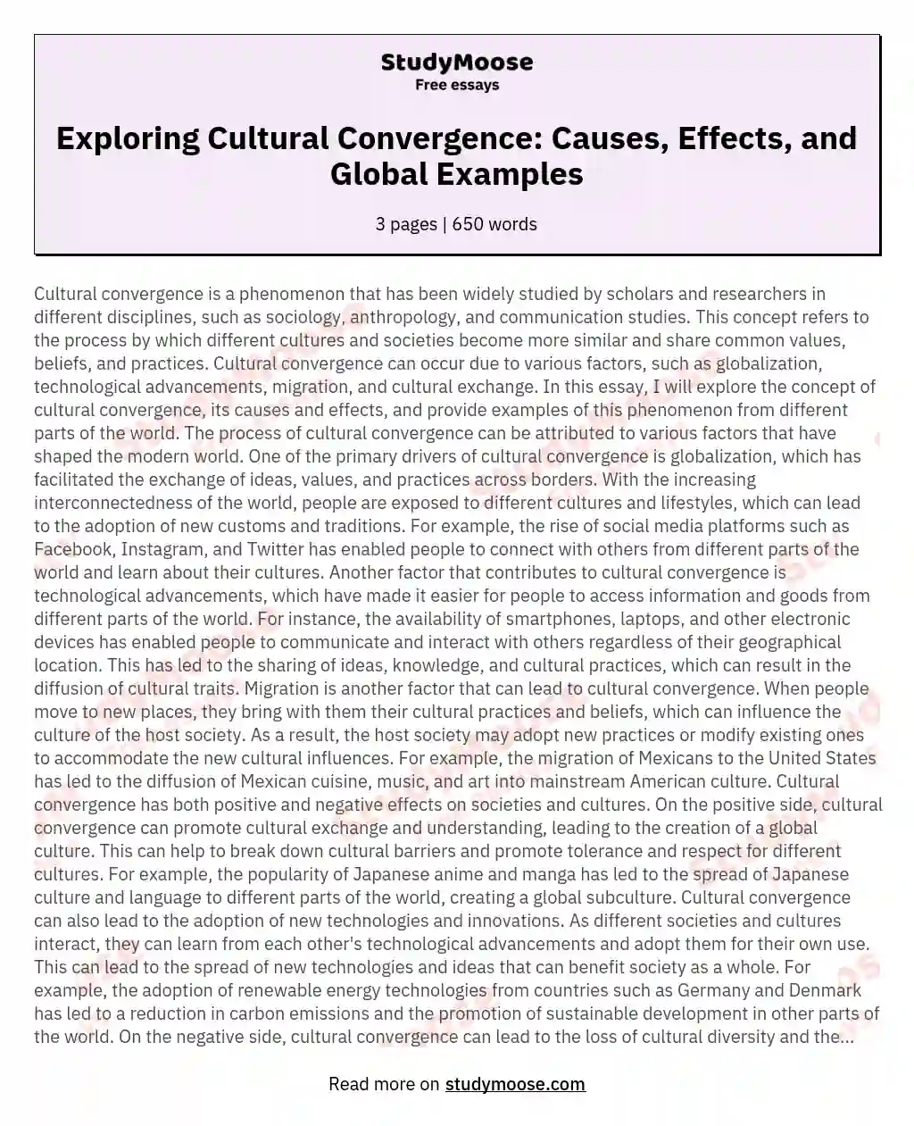 Exploring Cultural Convergence: Causes, Effects, and Global Examples essay