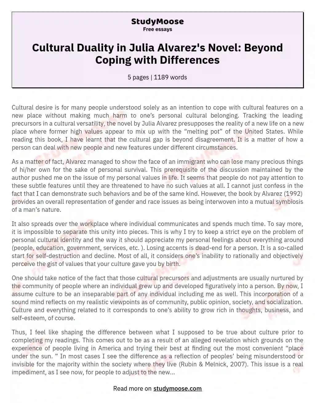 Cultural Duality in Julia Alvarez's Novel: Beyond Coping with Differences essay