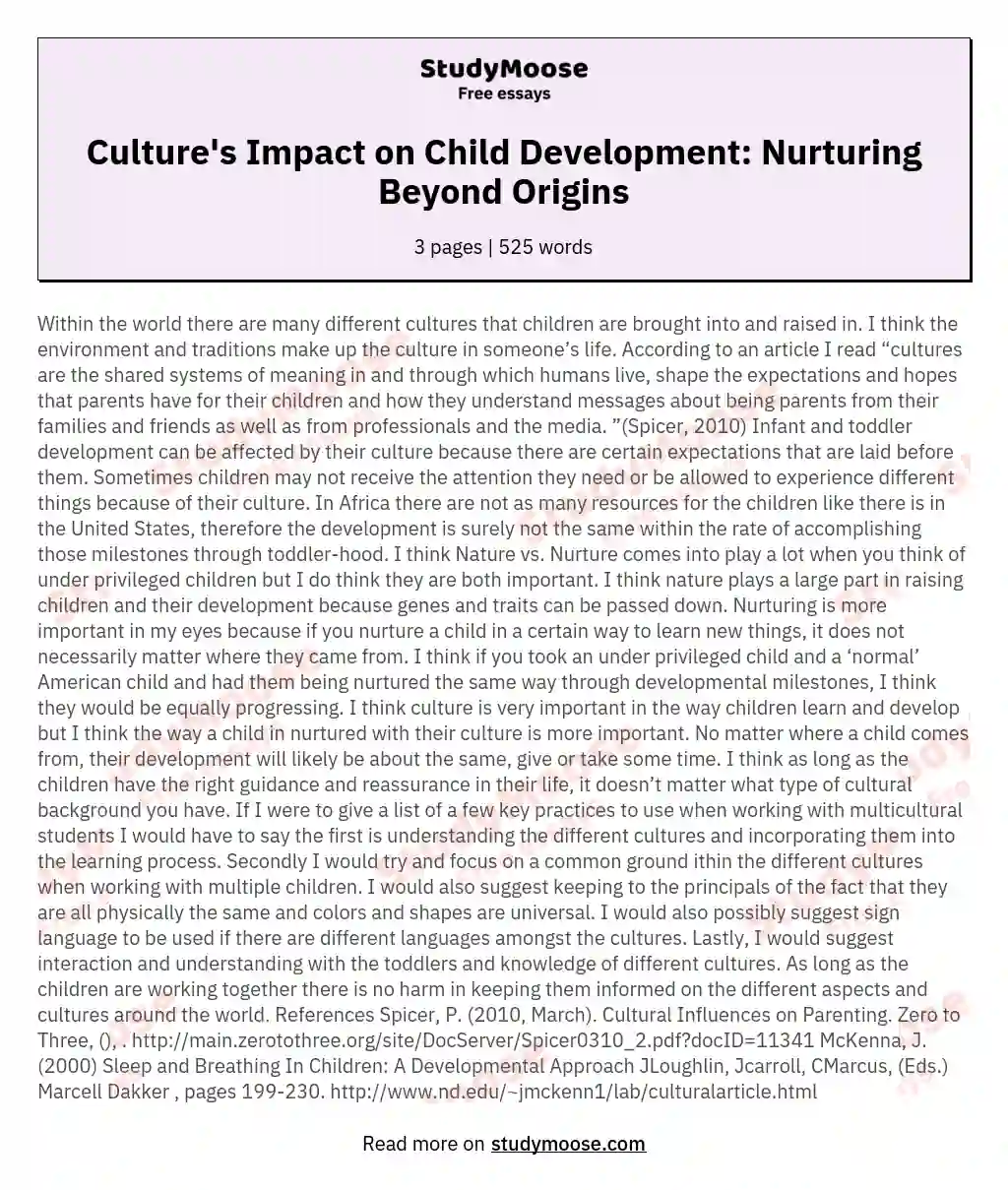 Culture's Impact on Child Development: Nurturing Beyond Origins essay