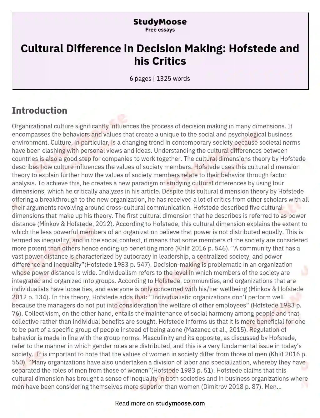 Cultural Difference in Decision Making: Hofstede and his Critics essay