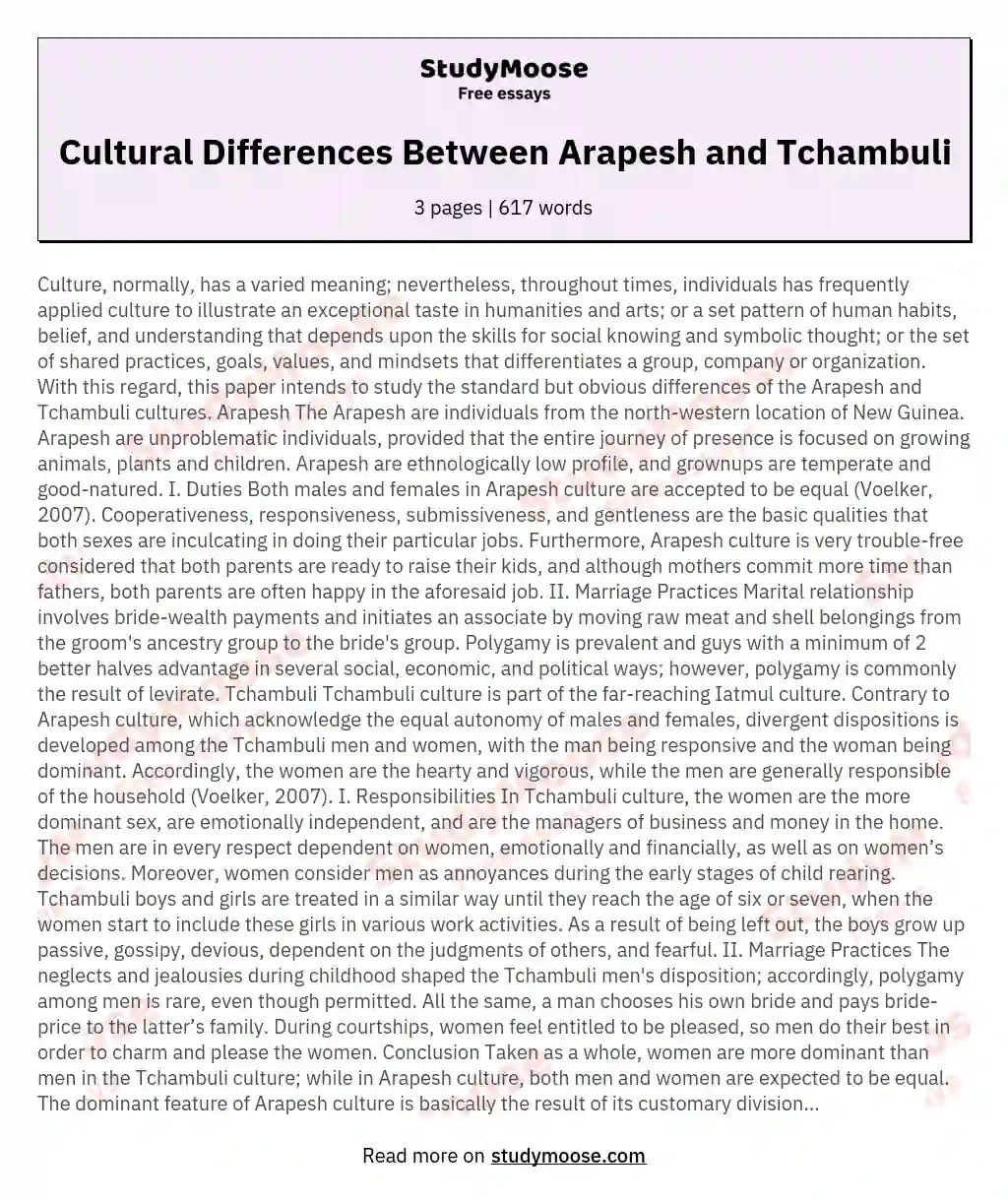 Cultural Differences Between Arapesh and Tchambuli essay