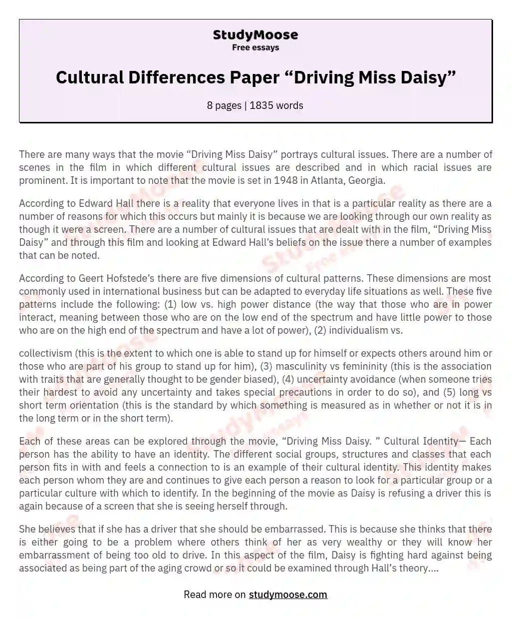 Cultural Differences Paper “Driving Miss Daisy” essay