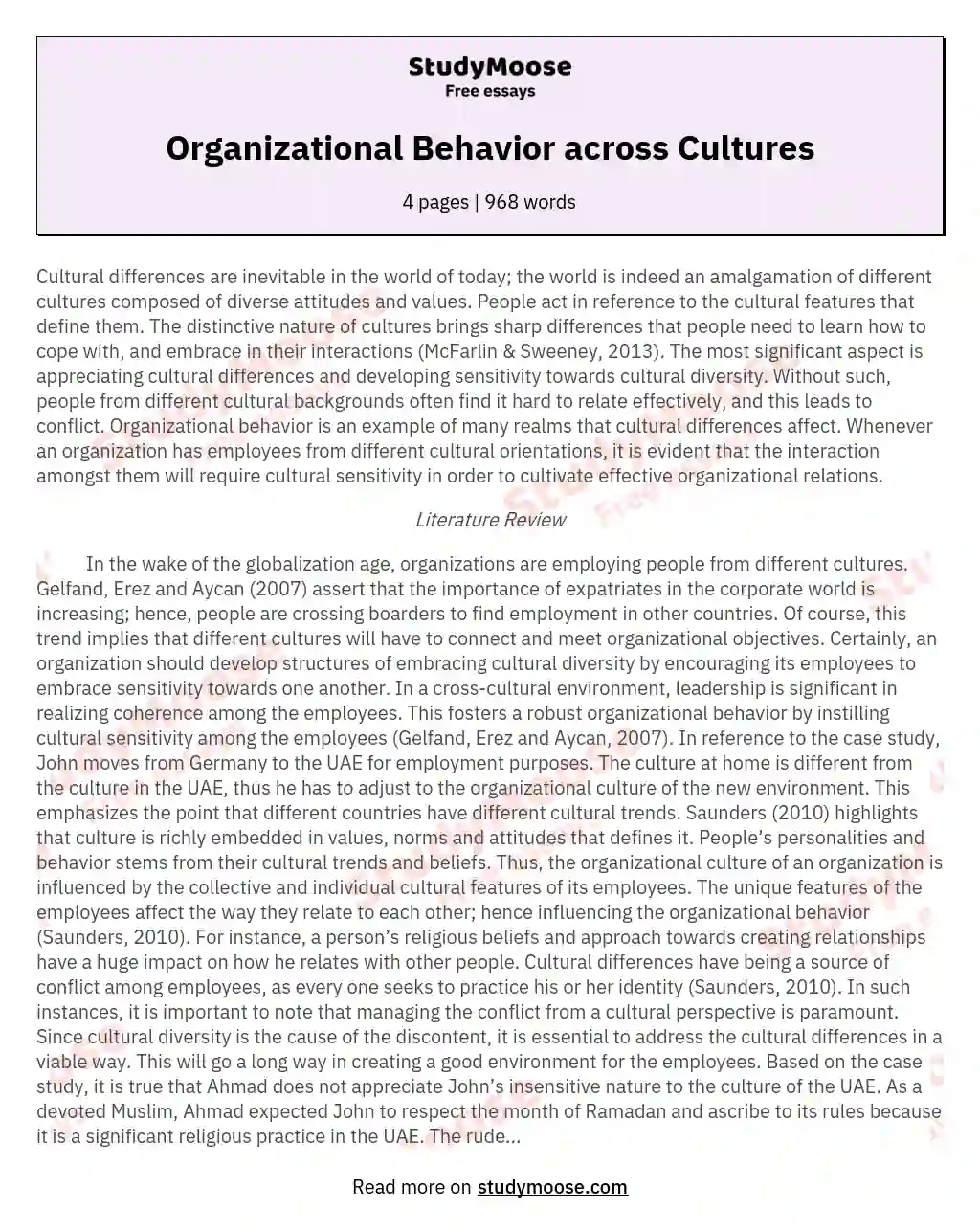 Organizational Behavior across Cultures essay