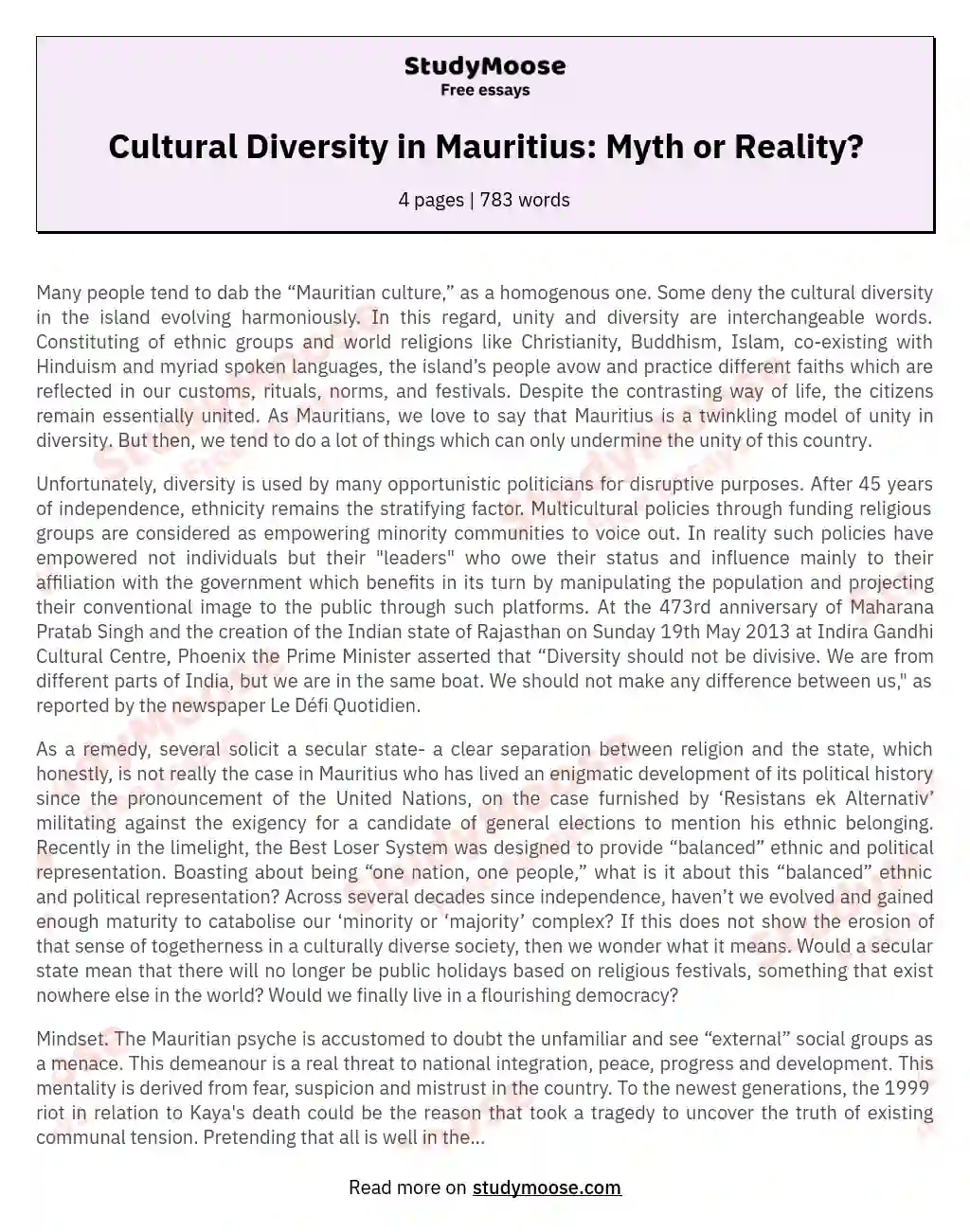 Cultural Diversity in Mauritius: Myth or Reality? essay