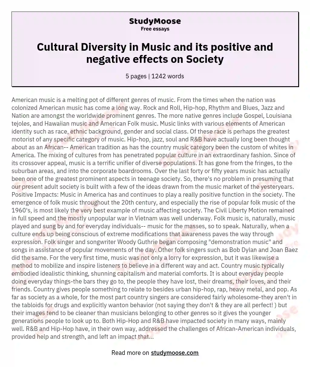 Cultural Diversity in Music and its positive and negative effects on Society
