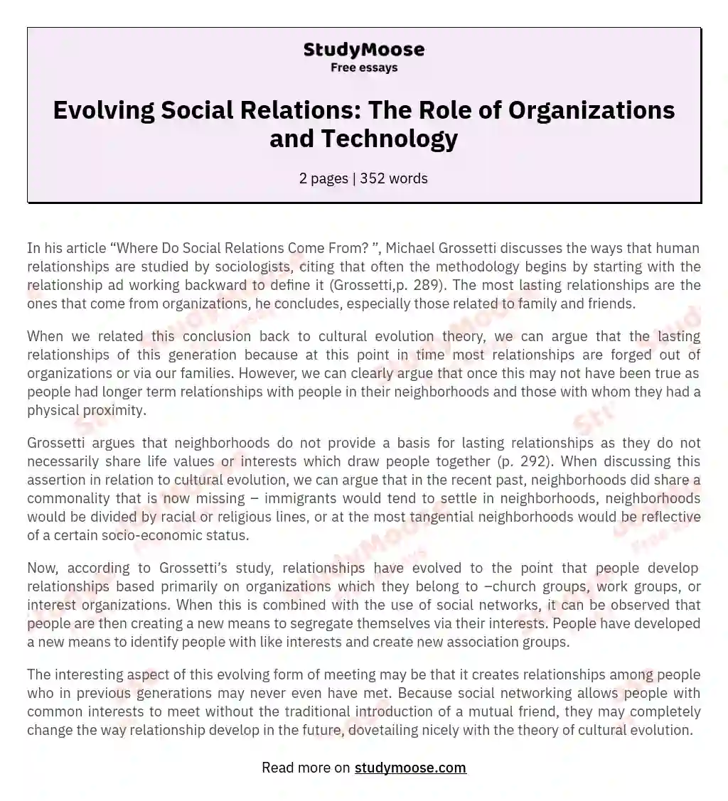 Evolving Social Relations: The Role of Organizations and Technology essay
